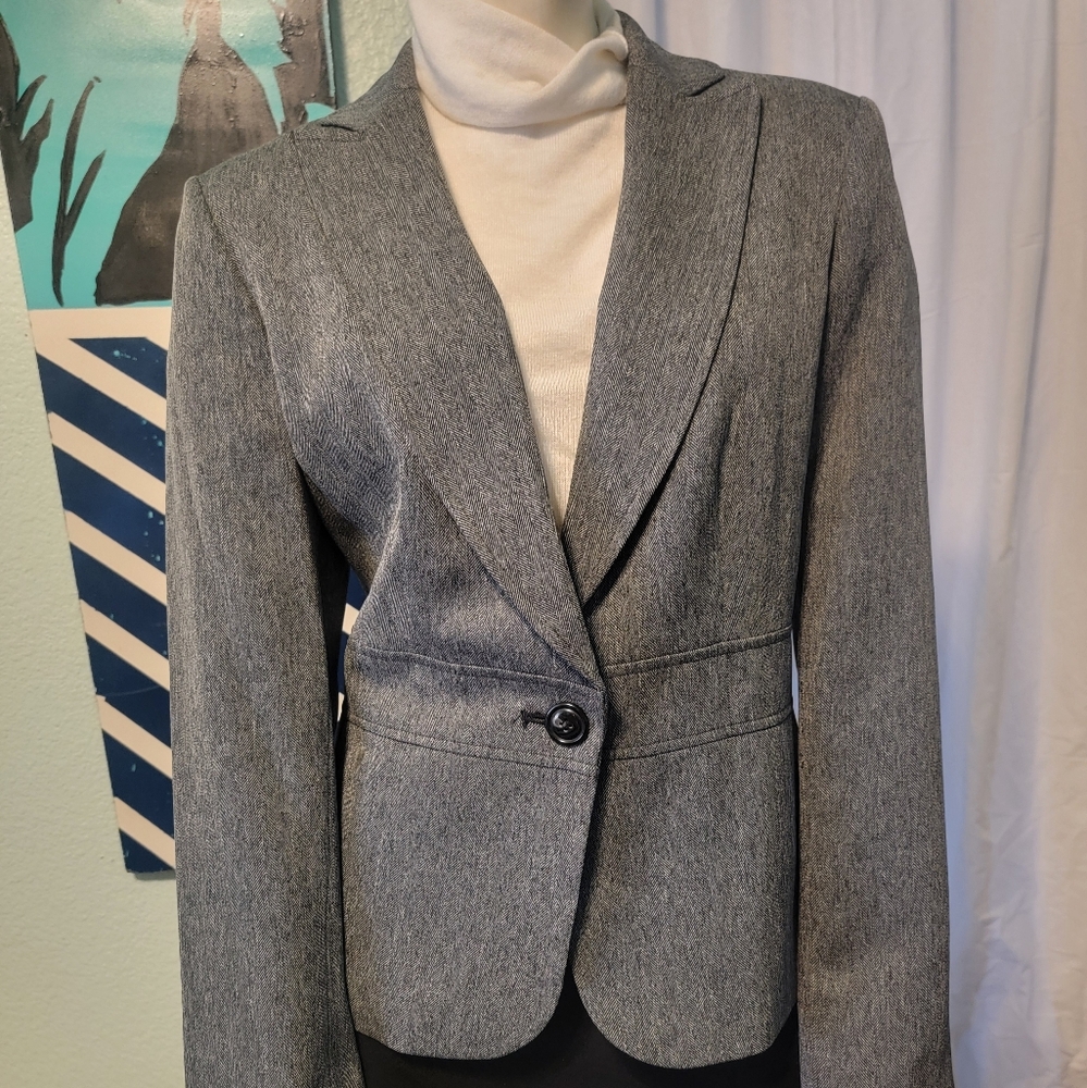 Jones‎ New York Gather Waist Women's Herringbone Micro Print Blazer Size 8